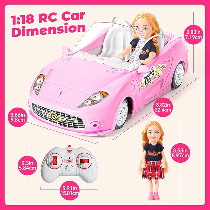 Pink RC Car for Girls, 1:18 Racing Car with Doll, 2.4Ghz Remote Control, Birthday Toy for Girls 8-10