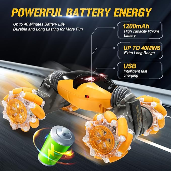 RC Cars Gesture Remote Control Car with Light Music 1:12 Hand Controlled Rc Car 2.4GHz 4WD Rc Stunt Car Gesture Sensing Double Sided 360° Rotation Off-Road Vehicle for Boys Girls(Yellow,Pro)