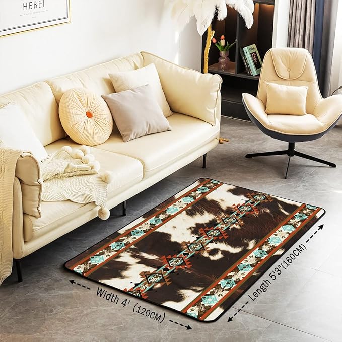Erosebridal Cowhide Area Rug 4x5, Brown Highland Cow Print, Western Exotic Aztec Carpet for Bedside, Farmhouse Wild Animals Longhorn Skin Cowboys Washable Decorative for Men