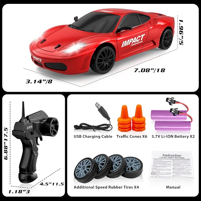Remote Control Car RC Drift Car 2.4GHz 1:24 Scale 4WD 15KM/H High Speed Model Vehicle with LED Lights Drifting Tire Racing Sport Toy Car for Adults Boys Girls Kids Gift 2Pcs Rechargeable Batteries