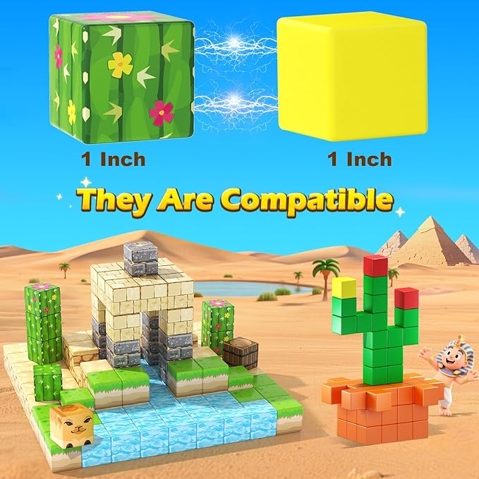 Large Magnetic Blocks Kids Toys, Sensory Learning Toys, Mine Magworld Building Craft, Desert Construction Set, 1“ Magnetic Building Cubes, Game Gift for 3+ Year Old Boys Girls