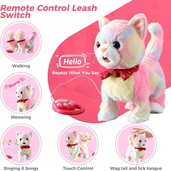 Colorful Leash Walking Cat Set Toy Interactive Talking Cat Singing Dancing Kitten Mimicking Repeat What You Say Kitty Touch and Voice Control Nodding Wagging Tail Plush Electric Robot for Kid Girl
