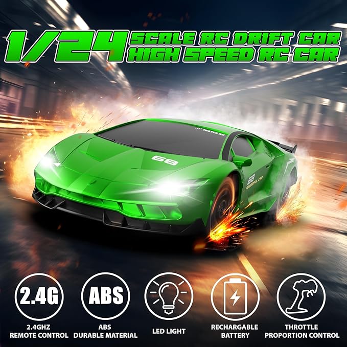 RC Drift Remote Control Car 2.4GHz 1/24 4WD 15KM/H High Speed Racing Sport with LED Lights Drifting Tire Toy for Adults Boys Girls Kids Gift 2Pcs Rechargeable Batteries
