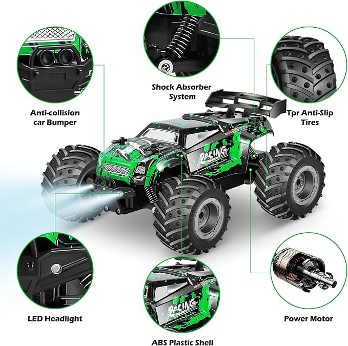 Remote Control Car, All Terrain Remote Control Truck for Boy, 2.4GHz Rc Car with Two Rechargeable Batteries, 20KM/H Monster Truck Toys