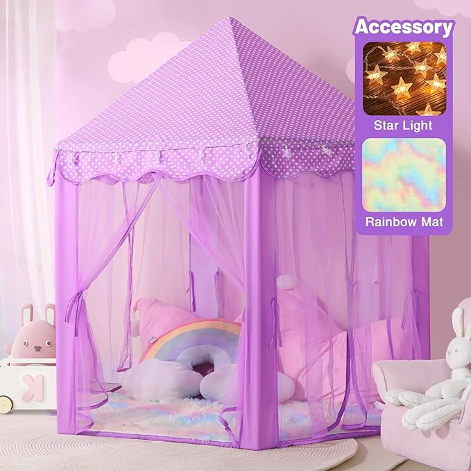 Princess Tent for Girls Indoor: with Rainbow Rug, Star Lights - Purple Play Tent for Kids, Girls Toys for Indoor Princess Games