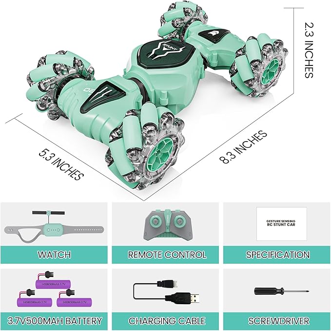 Tecnock Remote Control Car RC Cars for Boys Girls, 2.4GHz 4WD Gesture Sensing RC Stunt Car Toys - 360° Rotating Double Sided Hand Controlled RC Car with Lights, Gifts for Kids, Green