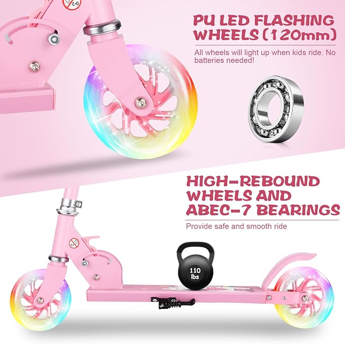 Scooter for Kids Ages 3-12 - Kids Kick Scooters with Led Light Up Wheels & 3 Levels Adjustable Handlebar, Lightweight Foldable 2 Wheel Girly Pink Scooter Christmas Birthday for Girls Boys.