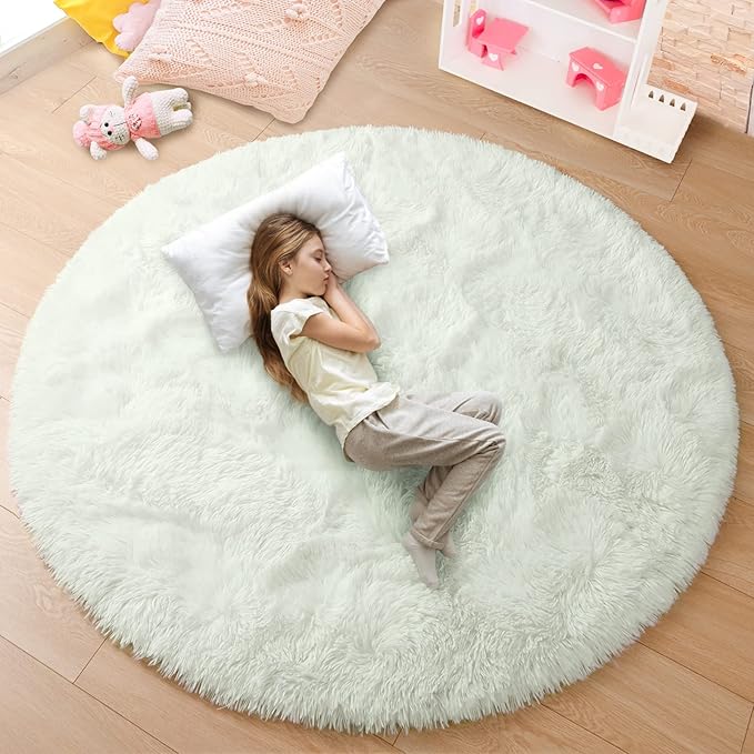 junovo Round Rug 5x5 Feet Fluffy Soft Area Rugs for Kids Girls Room Princess Castle Plush Shaggy Carpet Cute Circle Nursery Rug for Kids Girls Bedroom Baby Room Home Decor Circular Carpet, Creamy