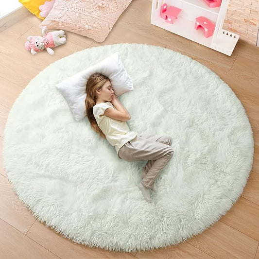 junovo Round Rug 5x5 Feet Fluffy Soft Area Rugs for Kids Girls Room Princess Castle Plush Shaggy Carpet Cute Circle Nursery Rug for Kids Girls Bedroom Baby Room Home Decor Circular Carpet, Creamy