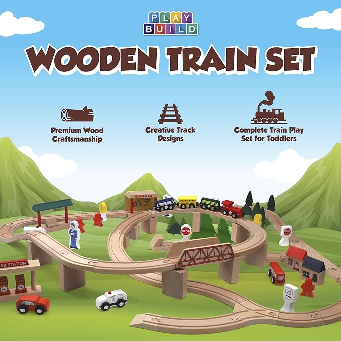 Wooden Train Set, Complete Toddler Train Set, Interactive Play & Learn Set, Creative Wooden Train Track Design, Premium Quality, Ages 3+ (80 Piece Set)