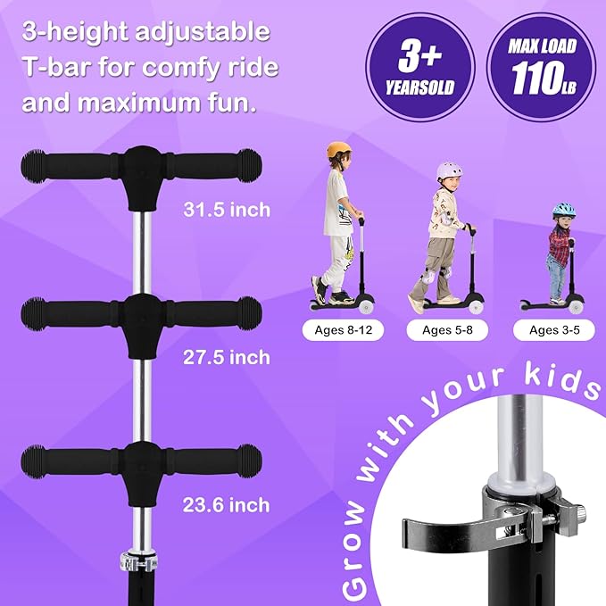 3-Wheel Light-Up Kids Scooter, 20 Different Light Patterns,Three Adjustable Heights,Lean to Steer, Balance Scooter for Ages 3-8