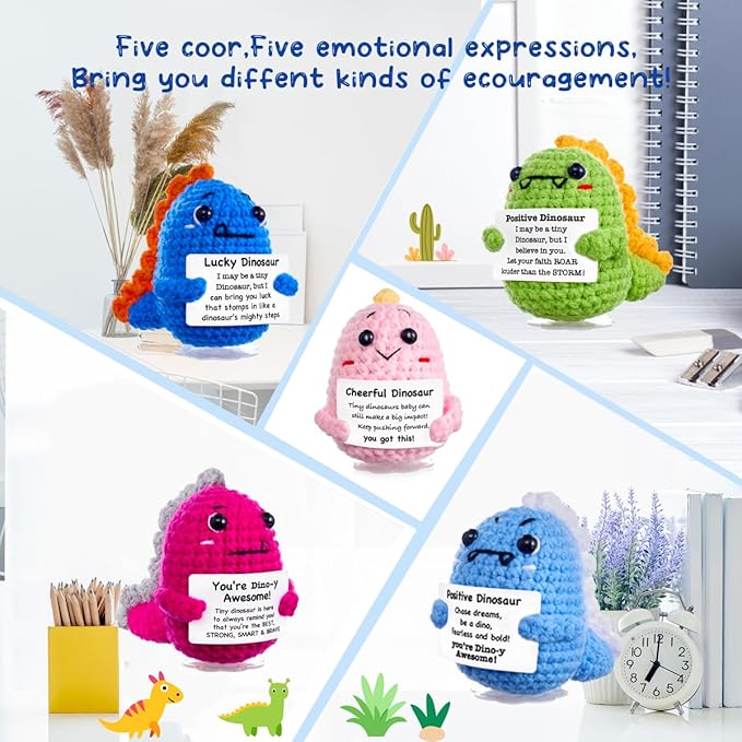 Funny Easter Basket Stuffers Positive Crochet Stuffed Animals Dinosaur, Stress Relief Gifts for College Student Graduation Boyfriend Husband Women Birthday Desk Decor (Dinosaur Set)