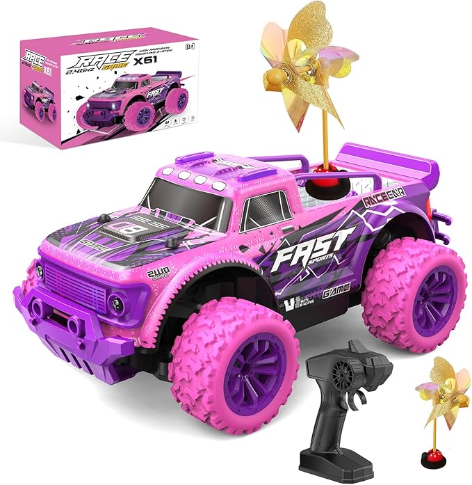 Remote Control Car for Girls: 20Km/h All Terrain Fast RC Cars with Light and DIY Windmills - 2.4GHz Pink Purple Monster Truck Car Toys for 6 7 8 9 10 11 12 Girls Birthday Gift