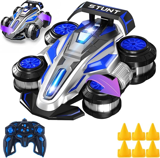 1:14 Remote Control Roll Stunt Car for Boys 360°Rotating 4WD RC Cars with Lights Music Upright Walking Four-Wheeled Rollover Toy Car Presents for Age 6-12（Blue）