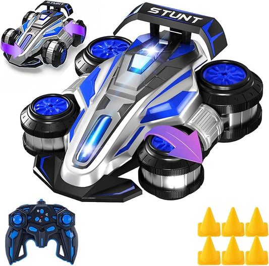 1:14 Remote Control Roll Stunt Car for Boys 360°Rotating 4WD RC Cars with Lights Music Upright Walking Four-Wheeled Rollover Toy Car Presents for Age 6-12（Blue）