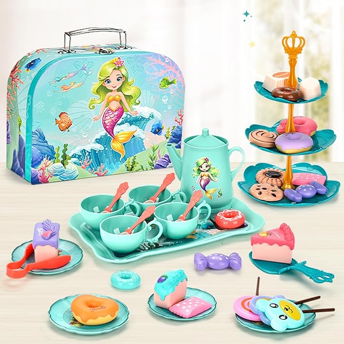 Mermaid Tea Set for Toddlers, Kids Pretend Play Tea Party Set – Plastic Kitchen Toy Teapot Set with Cups, Plates, Carrying Case, Princess Role Play Toys Birthday Gift for Girls Age 3 4 5 6