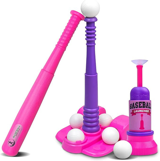 T Ball Stand for Kids and Toddlers 1-3, 3-5, 5-8. Baseball Set Includes 6 Large Balls, an Adjustable Tball Batting Tee, and a Pitching Machine. Kids Bat and T-Ball Set