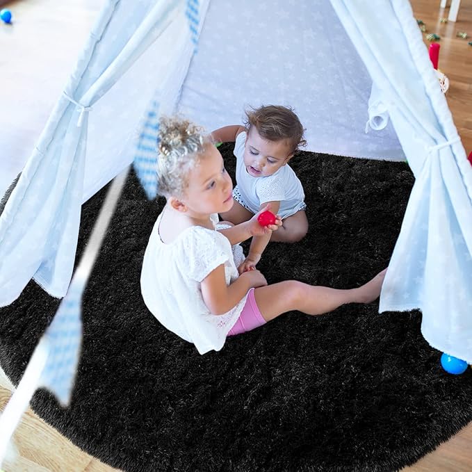 LOCHAS Luxury Round Fluffy Area Rugs for Bedroom Kids Girls Room Nursery, Super Soft Circle Rug, Cute Shaggy Carpet for Children Living Room, 4x4 Feet Black