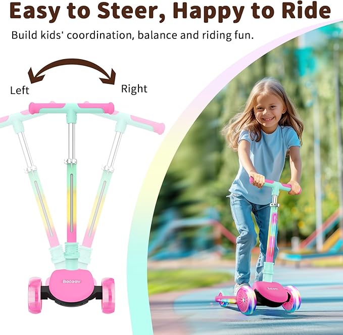 BELEEV A9 Kids Scooter with LED Light-Up Wheels & Deck, 3 Wheel Folding Scooter for Toddlers Girls Boys Ages 3-12, Adjustable Handlebar, Lean to Steer, Extra-Wide Wheels, Kick Scooter for Children