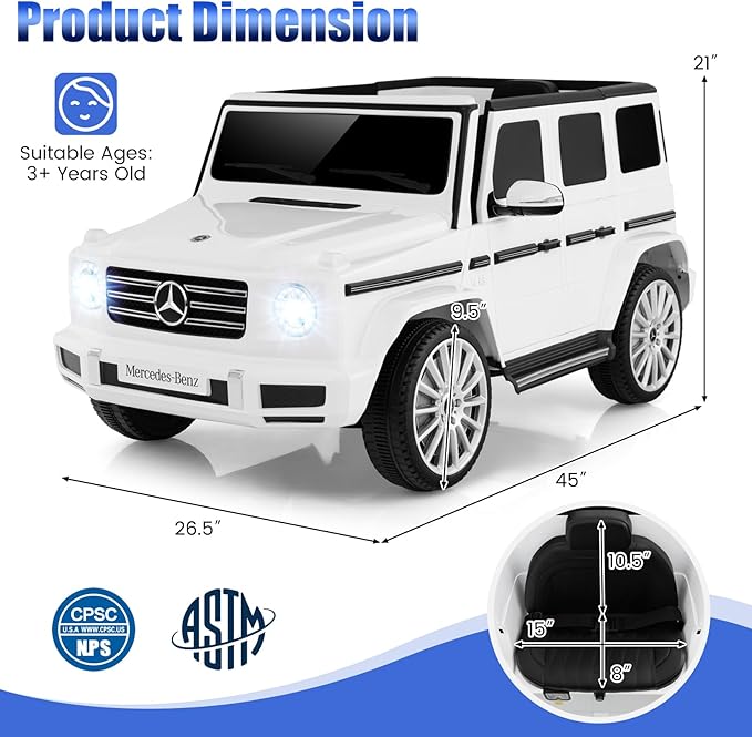 Costzon Ride on Car, Mercedes-Benz G500 Licensed Truck w/Rocking Mode, 3 Speeds, Remote, Horn, Music & LED Lights, Spring Suspension, 12V Battery Powered 4WD G Wagon Electric Vehicle for Kids (White)
