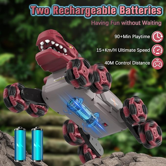 Dinosaur Remote Control Car - 8WD RC Toys for 4 5 6 7 8 Year Old Boys, 2.4Ghz RC Transform Stunt Monster Car with 360°Rotating/Spray/Roar, Birthday Xmas Gifts for Kids Age 4-6 5-7 8-12