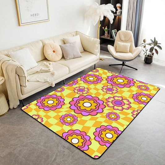 Colorful Flower Area Rug 5x7 Hippie 70S Groovy Floral Power Rug Gold Abstract Checkered Carpet for Kids Girls, Aesthetic Psychedelic Non Slip Decorative Rug for Living Room