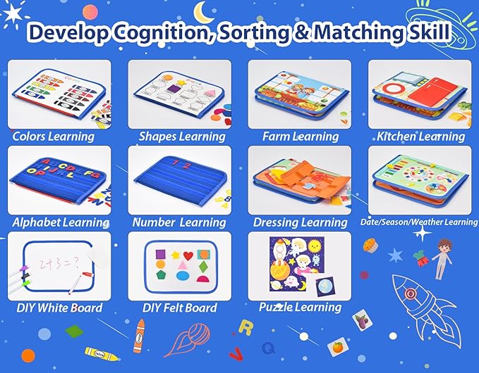 14 Pages Busy Board for Toddlers 2-4,Montessori Travel Toy for Plane/Car,Educational Sensory Toy for Toddlers 1-3,Preschool Activities Board for Developing Fine Motor Skills,Gift for Boys/Girls