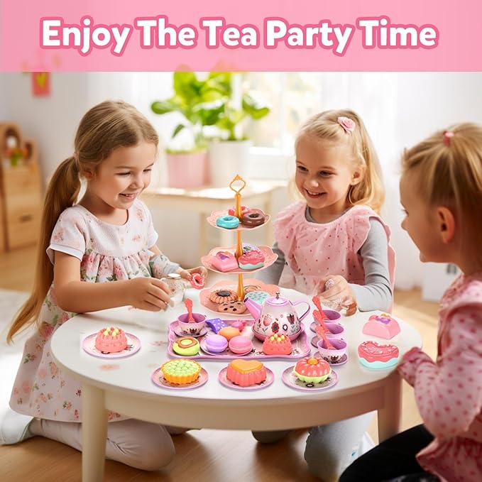 Tea Set for Little Girls, Birthday Gift for Age 3 4 5 6 Year Old, Toddler Toys Tea Party Set for Little Girls, Princess Kids Kitchen Pretend Toy with Tin Tea Set, Desserts & Carrying Case
