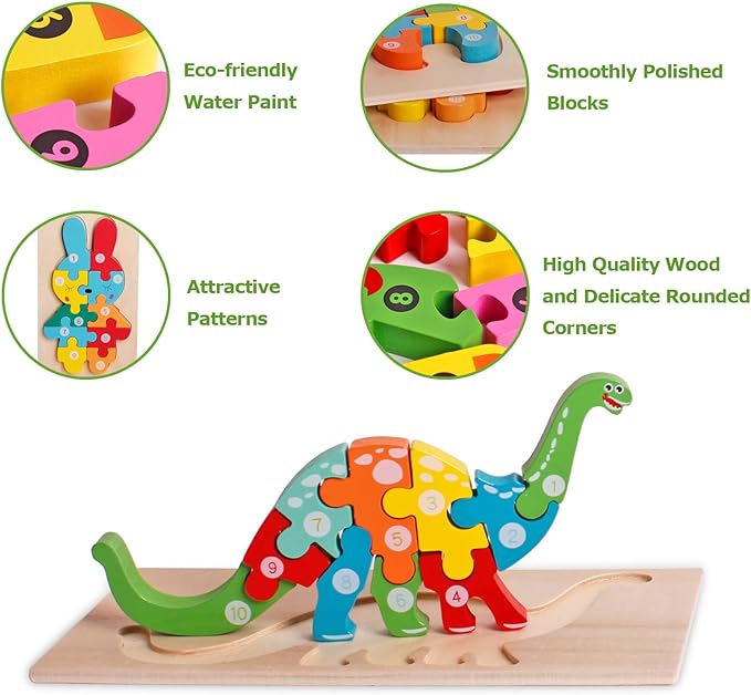 SHIERDU Wooden Puzzles for Kids, Toddler Number Puzzle, Old Wooden Dinosaur Puzzles and Animal Jigsaw Toys for Boy Girl Ideal Gift, 2-6 Years, Pack of 6, 2-1