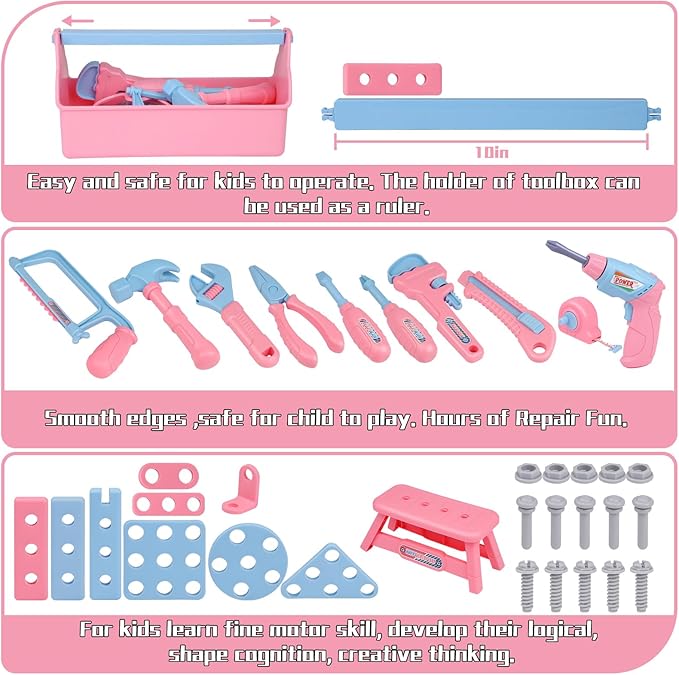Kids Tool Set, 48PCS Toddler Tool Set with Electronic Toy Drill & Kids Tape Measure,Pretend Play Construction Toys Costume with Kids Tool Belt & Gloves,Toy Tools Box for Girl Boy Ages 3-8