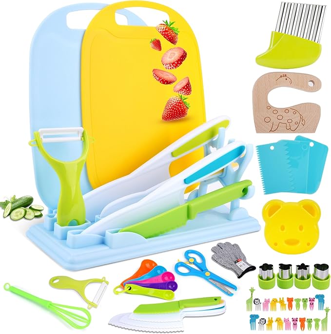 FCSONU 24 Pcs Montessori Kitchen Toys for Toddlers, Kids Kitchen Knife Set with Holder, Kids Cooking Sets Real with Knife Block & Plastic Kid Safe Knives Set & Cutting Board, Boy Girls Birthday Gifts