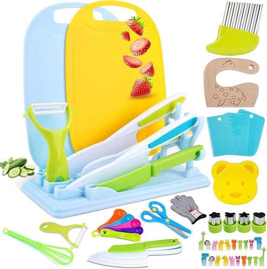FCSONU 24 Pcs Montessori Kitchen Toys for Toddlers, Kids Kitchen Knife Set with Holder, Kids Cooking Sets Real with Knife Block & Plastic Kid Safe Knives Set & Cutting Board, Boy Girls Birthday Gifts