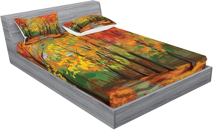 Ambesonne Rustic Fitted Sheet & Pillow Sham Set, North Woods Falling Leaves Fall Park Road Autumn Leaves Seasonal Colors Romantic, Decorative Printed 3 Piece Bedding Decor Set, King, Orange and Green