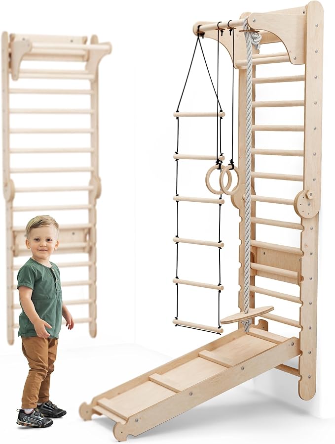 6-in-1 Indoor Playground for Kids – Wooden Swedish Wall, Climbing Ladder, Slide, Swing, Gymnastics Rings, Rock Climbing Wall – Jungle Gym Play Set for Ages 2-12