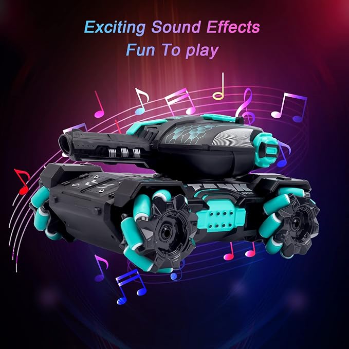 RC Stunt Tank with Light, Watch Gesture Sensor RC Tank Toy, 360 Rotation Remote Control Stunt Car Shooting Water Bullets, Gifts for Children (Black and Cyan)