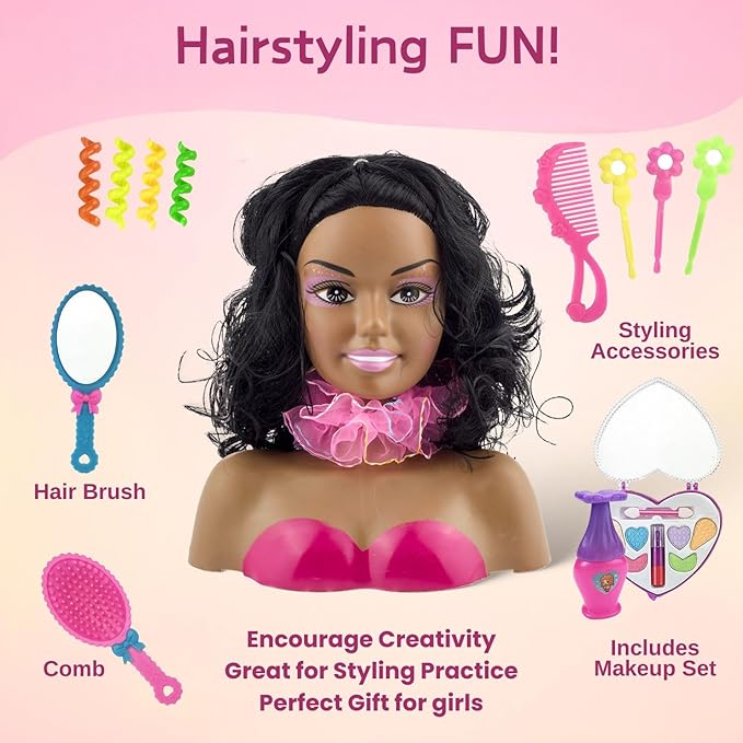 Liberty Imports African American Black Makeup and Hair Styling Doll Head Toy Playset with Real Washable Cosmetic and Fashion Dress Up Accessories for Girls Pretend Play