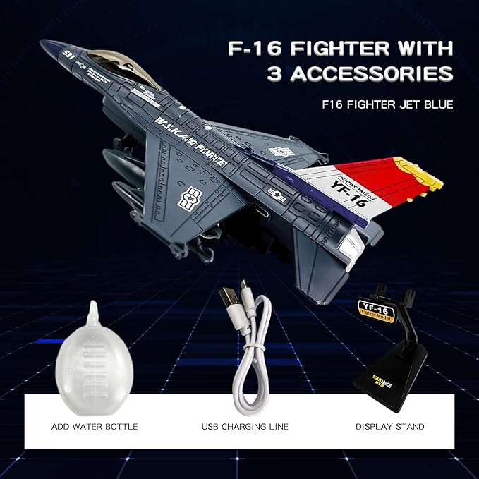 OTONOPI Fighter Jet Toy F-16 Toy Jets for Kids Military Plane Army Air Force Pull Back Fighter Toy diecast Metal Aircraft with Spray Effect Lights and Sounds for Boys Girls Age 3-12+ (F 16 Blue)