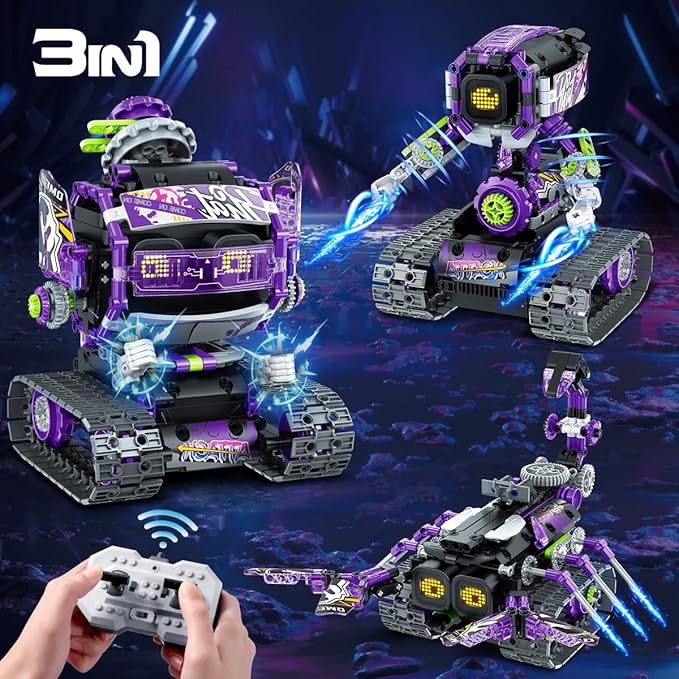 Robot Building Toy with LED Eyes & Sound, App Remote Controlled STEM Rechargeable Robotics Building Set 458 PCS, 3 in 1 RC Tech Building Block Kit Gift for Kids Boys Girls 6 7 8 9 10 11 12+