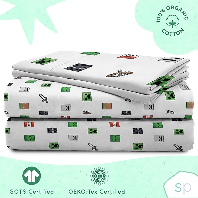 Saturday Park Minecraft Emblematic Queen Sheet Set - 4 Piece 100% Organic Cotton Sheets Features Creeper, Alex & Steve - GOTS & Oeko-TEX Certified (Minecraft Official)