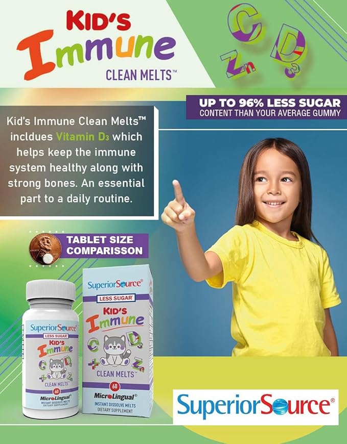 Superior Source Kid's Immune Clean Melts - Immunity Support Supplement - Contains Vitamin C, Vitamin D3, Zinc & Elderberry Extract - Non-GMO & Gluten-Free - 60 MicroLingual Dissolvable Tablets