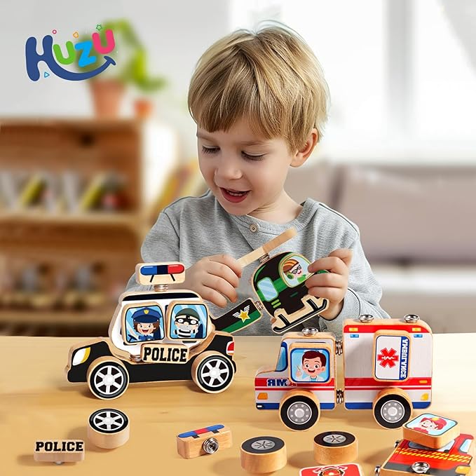 Emergency Vehicles 3D Puzzle Toy, HUZU Rescue Squad Wooden Snap Button Connection Building Blocks for Kids 3-8, Fire Truck Ambulance Police Car Helicopter Montessori Gifts for Preschool Children