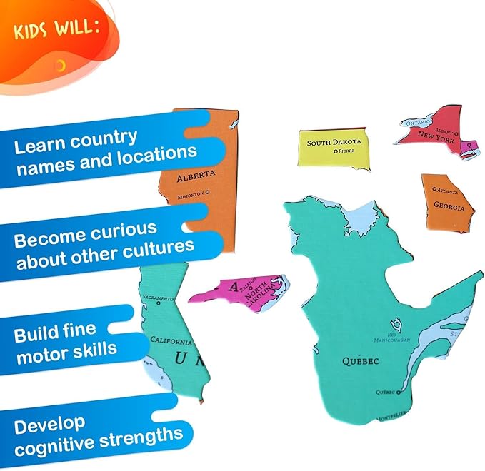 GeoToys GeoPuzzle, USA & Canada Shaped Jigsaw Puzzles, 69 Pc Geography Puzzle, Geography Game, Map Puzzle - Jigsaw Puzzles for Kids Ages 6-9 Years Old