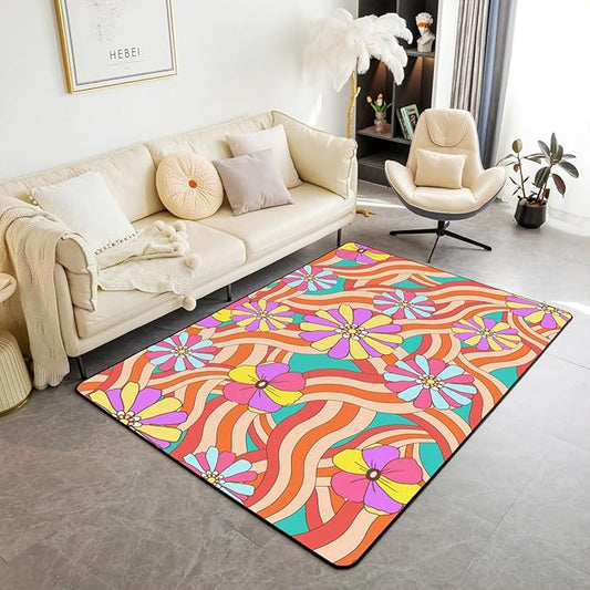 Erosebridal Colorful Floral Area Rug 70S Groovy Flowers Carpet 4x5 for Girls Teen Women Hippie Aesthetic Rug Geometric Stripes Psychedelic Non Shedding Living Room Rugs