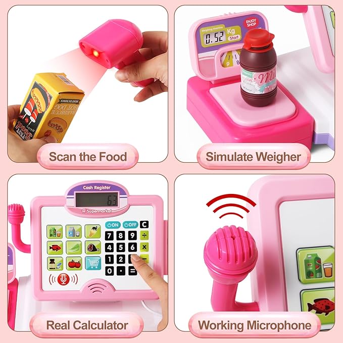 Play Calculator Cash Register Toy Gift for Kids Girls Age 3, 4, 5, 6, 7, 8+ Year Old, 57 Pcs Pink Pretend Grocery Store Playset, Incl Microphone, Credit Card, Scanner, Fake Food, Play Money for Kids