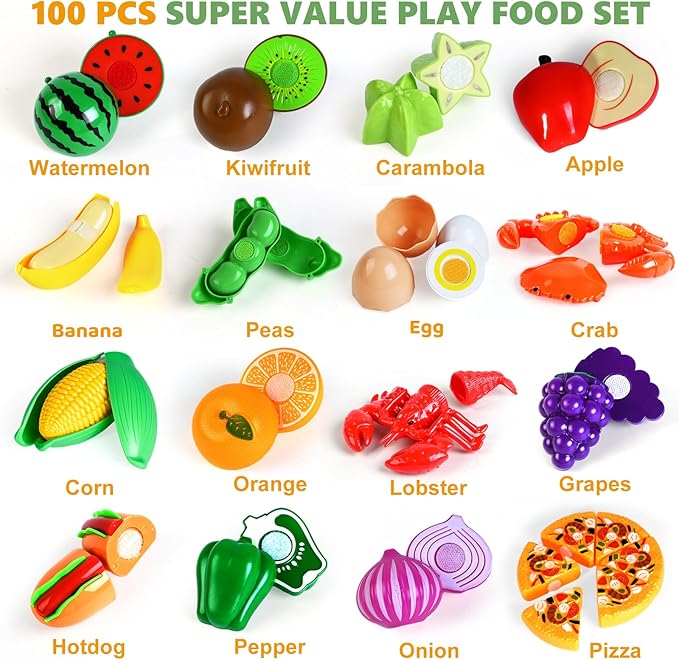 100 Pcs Play Food Set for Kids Kitchen, Pretend Food Toy for Toddlers Age 1-3, Plastic Cutting Fake Food/ Fruit/ Vegetable Accessories with 2 Baskets, Birthday Gifts for 2 3 4 5 Years Old Boys Girls
