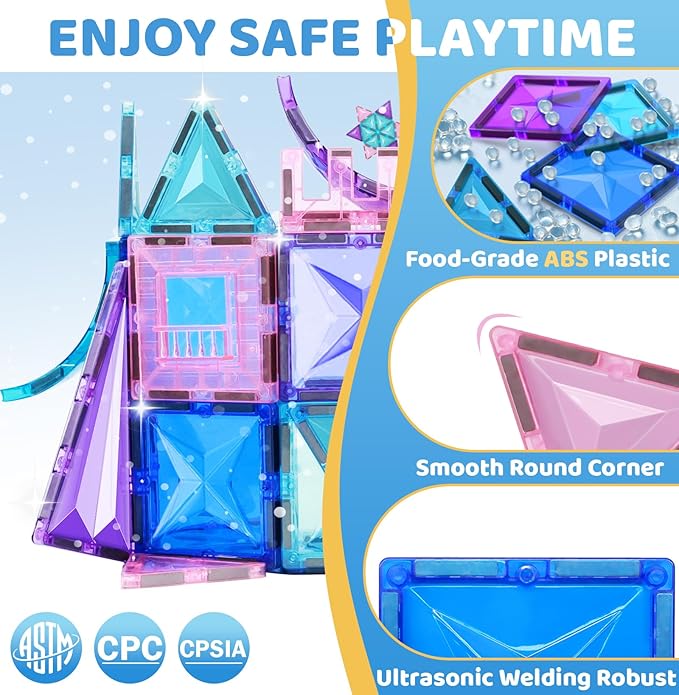 130Pcs Magnetic Tiles, 3D Diamond Magnetic Building Blocks Toys for Girls, STEM Sensory Educational Toys for Toddlers Kids, Birthday for Girls 3 4 5 6 7 8+ Year Old