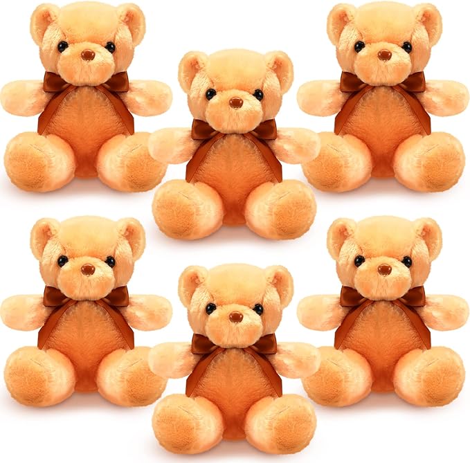 HyDren 6 Pcs Bear Stuffed Animal Plush Toys Soft Plush Dolls Bear Sleeping and Playing Toys for Baby Shower Decoration Boy(Short Plush,Brown)