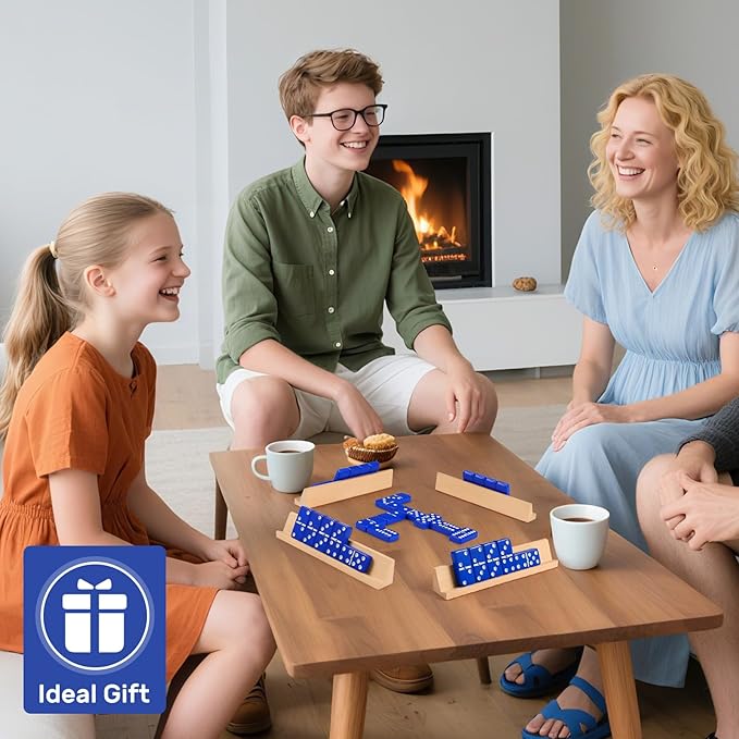 Dominoes Set for Adults with 4 Wooden Racks/Trays, Double Six Travel Portable Case 6 Tiles Holders, 28 Dominos Family Board Games - Blue