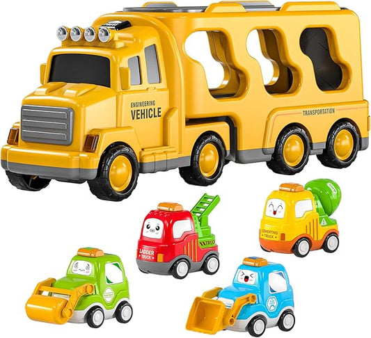 TEMI Construction Truck Toys for 1 2 3 4 5 6 Year Old Boys, 5-in-1 Friction Power Toy Vehicle in Carrier Truck, Toddler Toys Car for Boys Christmas Birthday Gift for Kids Aged 3+