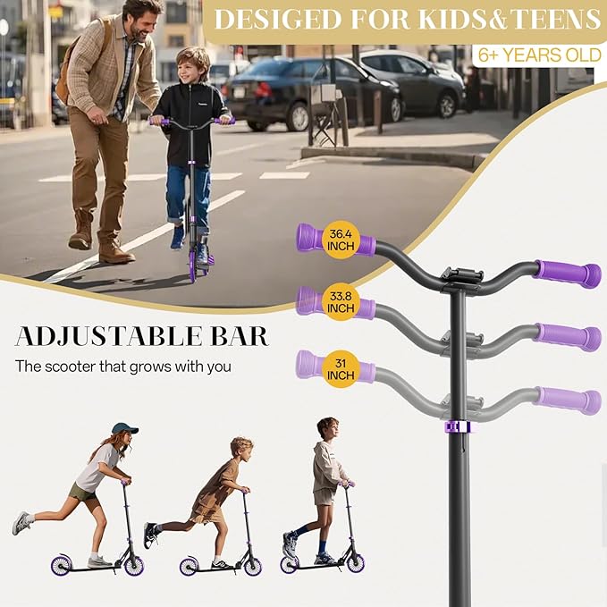 Scooter for Kids 8-12, Kick Scooter for Kids,Teen& Adults, Folding Scooters Holds Up to 220lbs | Adjustable Height | Lightweight |Rear Brake